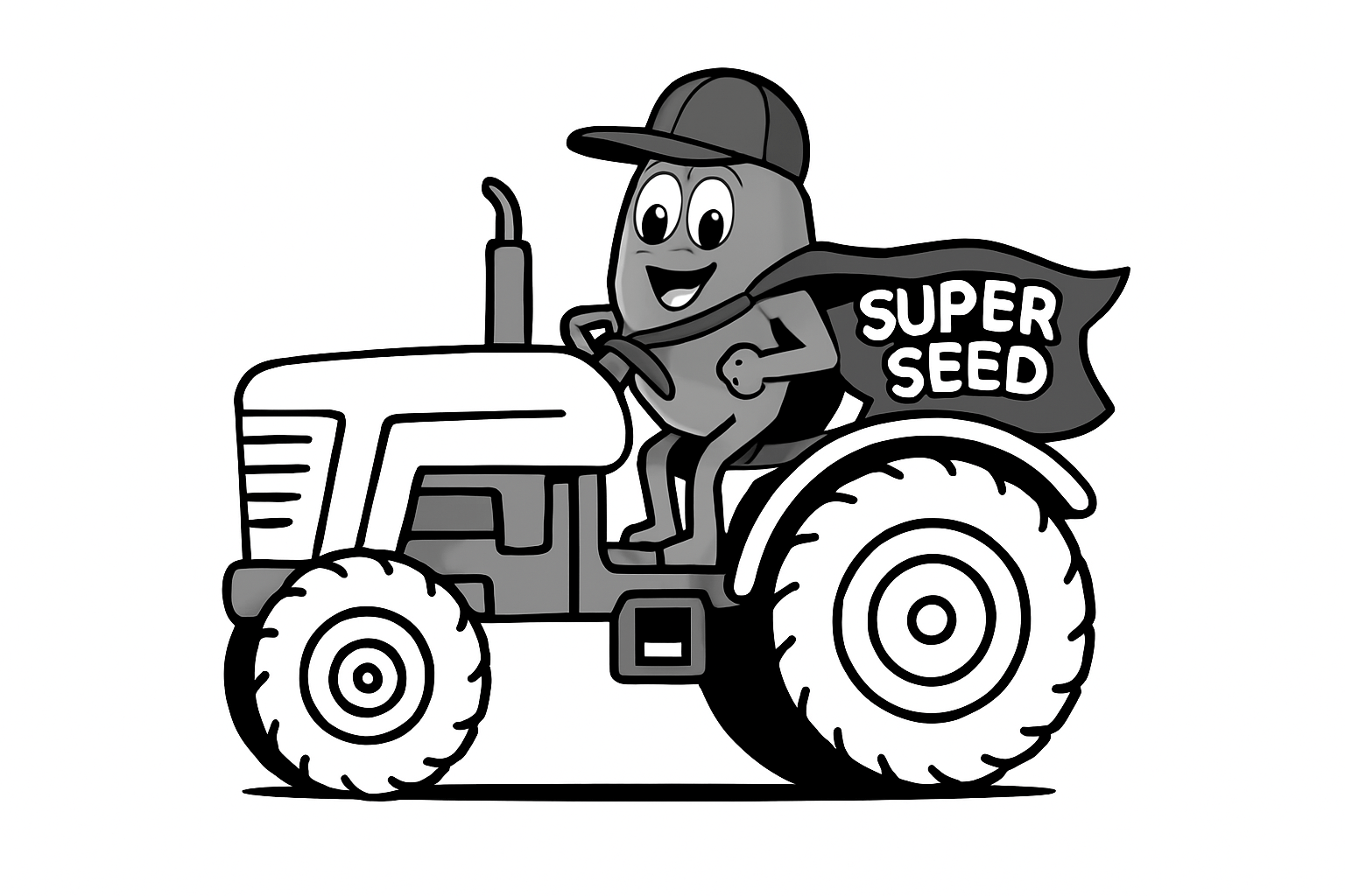 A cheerful cartoon character, resembling a seed, drives a tractor with a "SUPER SEED" banner, symbolizing agricultural innovation and fun.